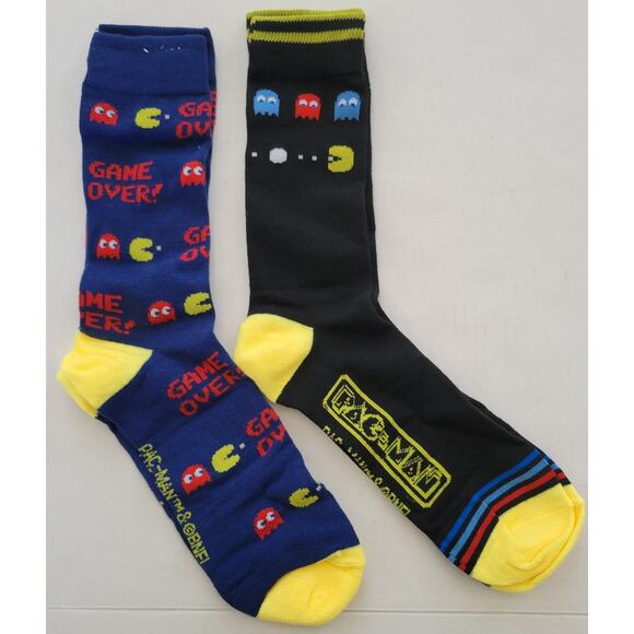Pac-Man Crew Socks Set of 2 One Blue Pair One Black Pair New In Box Shoe Sz 6-12 - Picture 1 of 8
